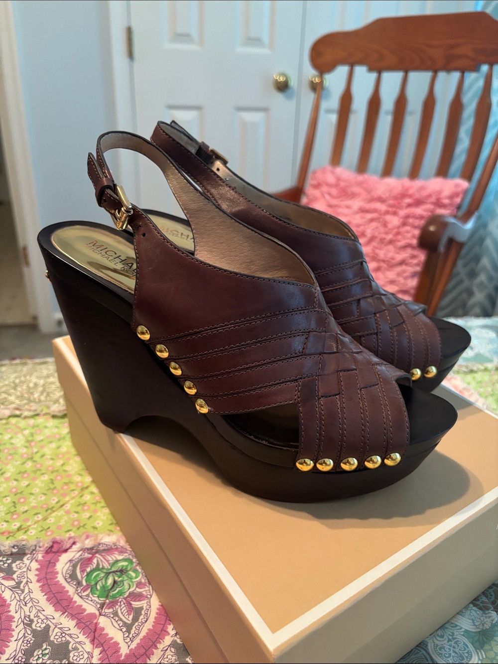 Michael Kors Dark Brown Leather Studded Wedge Sandals—NWOT